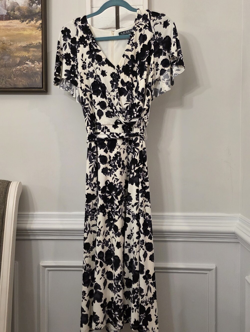 Lauren Ralph Lauren Black & White Floral Faux Wrap Midi Dress Sz 10 Cottagecore